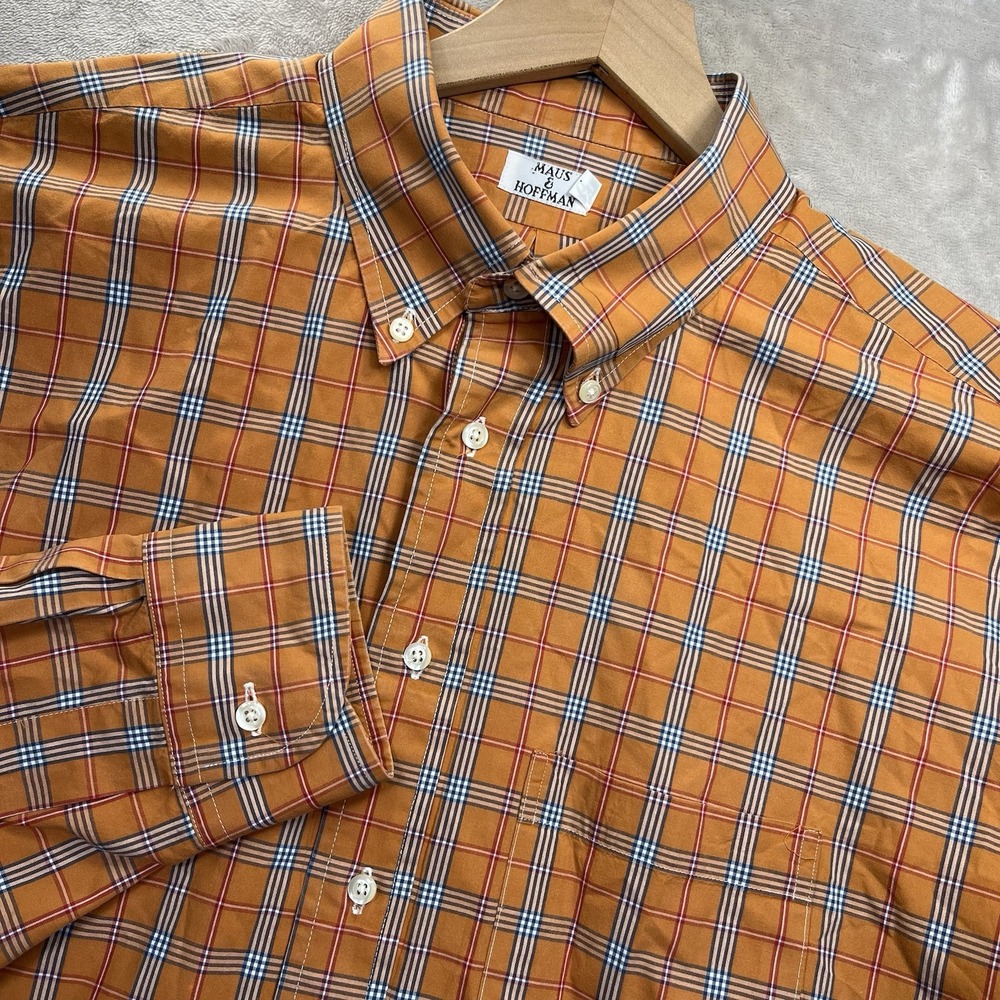 Maus & Hoffman Shirt Mens XL Orange Plaid Egyptian Cotton Button Front